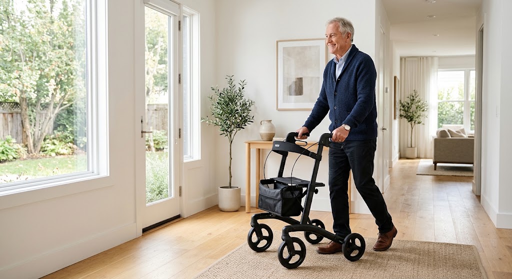 Older man walking with a modern rollator