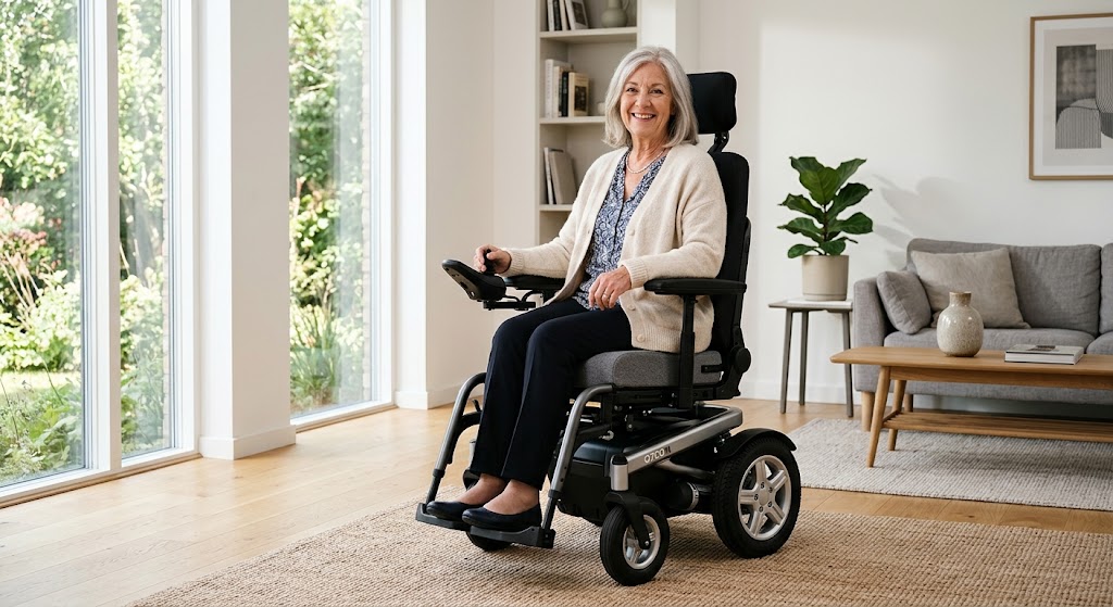 Smiling older woman in a premium electric wheelchair in a bright modern living room